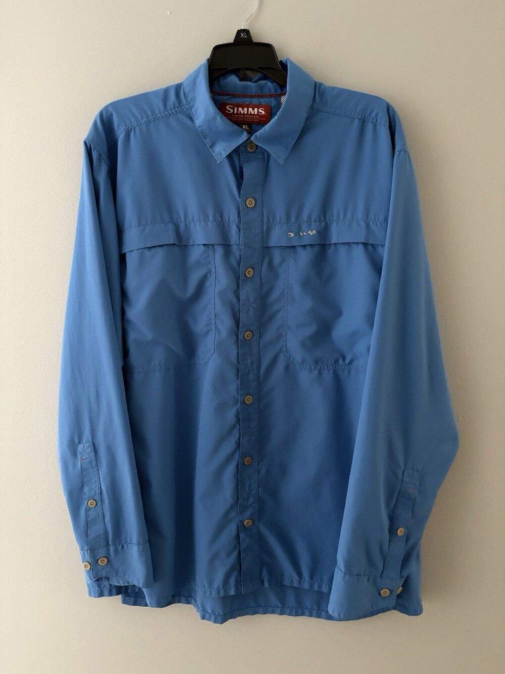 Simms Fishing Shirt Mens XL Blue Vented Long Sleeve Performance Outdoor Hiking